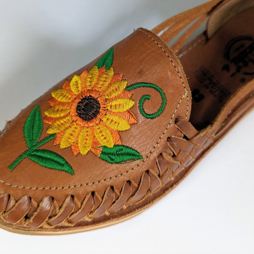 🇲🇽 Cacahi's Leather Huaraches With Sunflower Design Made In Mexico - Picture 12 of 12